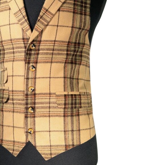 Mens 42R Wool Vest Beige Brown Rust Tartan Plaid Waistcoat Preppy Casual Formal - Picture 6 of 10